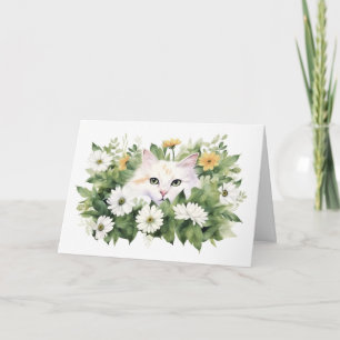 Watercolor Cat In Daisies Card