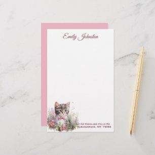 Watercolor Cat in Flowers Custom Stationery