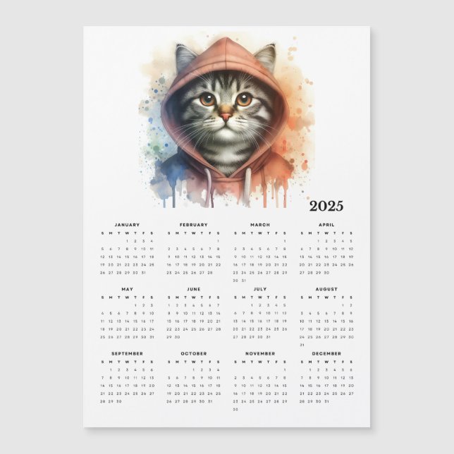 Watercolor Cat in Hoodie Splash Art 2025 Calendar (Front)