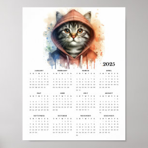 Watercolor Cat in Hoodie Splash Art 2025 Calendar Poster