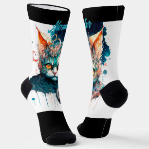 Watercolor cat in steampunk personalised socks