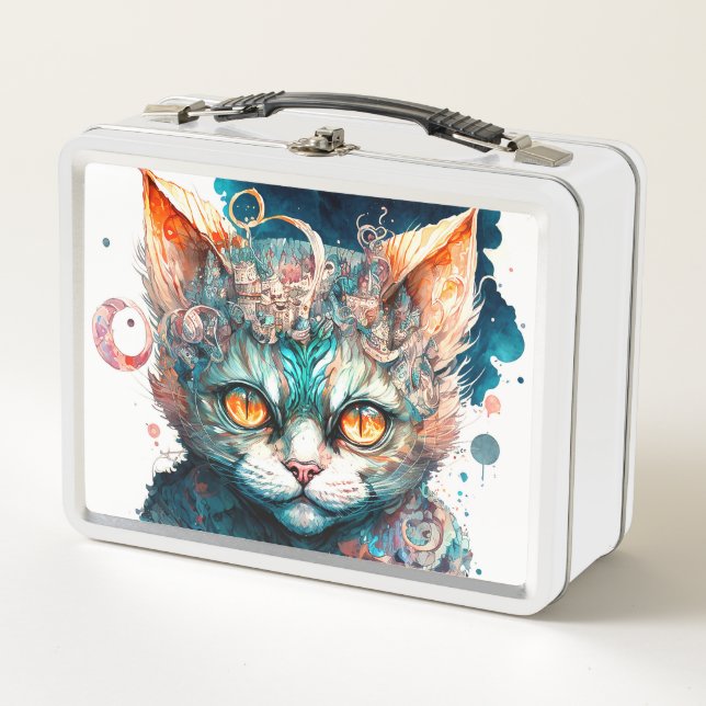 Watercolor cat in steampunk style  metal lunch box (Front)