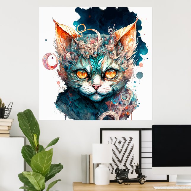 Watercolor cat in steampunk style  poster (Home Office)