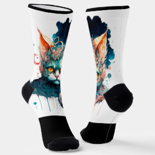 Watercolor cat in steampunk style socks