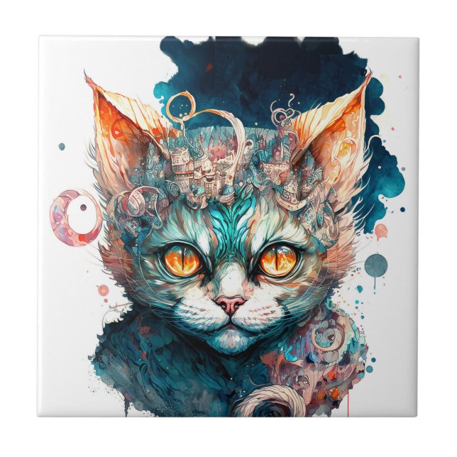 Watercolor cat in steampunk style tile (Front)