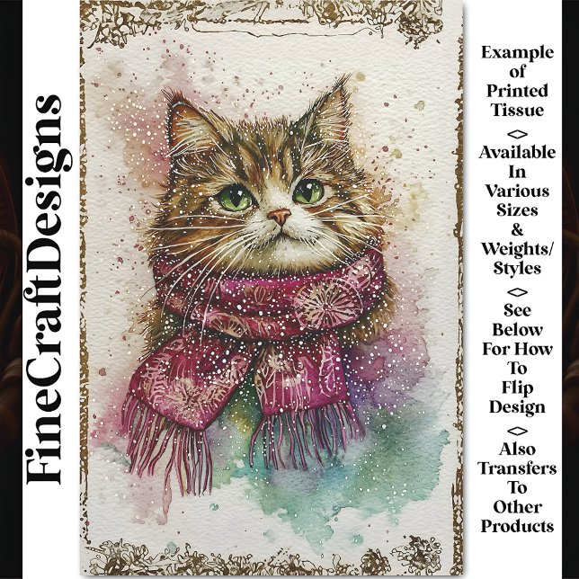 Watercolor Cat, Magenta Scarf, Snow BZ1 Decoupage Tissue Paper (Creator Uploaded)