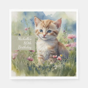 Watercolor Cat Meadow Flowers 80th Birthday Napkin