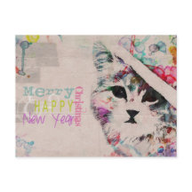 Watercolor Cat Merry Christmas Postcard