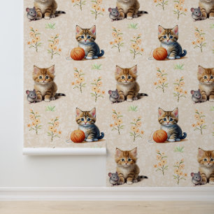 Watercolor Cat Mouse Yarn Floral on Textured Cream Wallpaper
