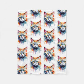 Watercolor Cat Multicolor Splash art Fleece Blanket