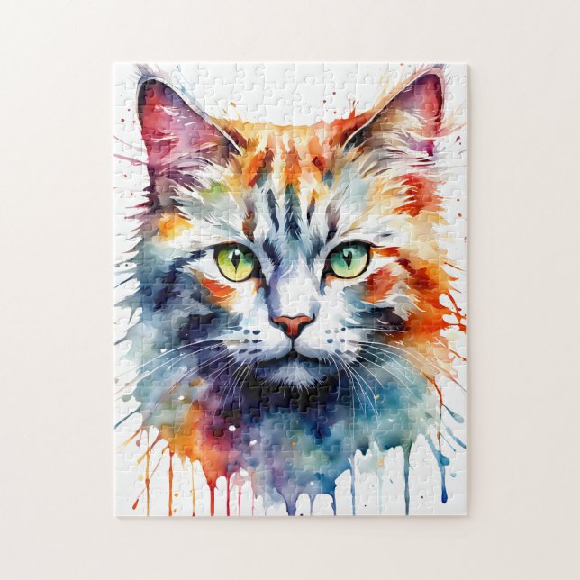 Watercolor Cat Multicolor Splash art Jigsaw Puzzle (Vertical)