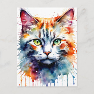 Watercolor Cat Multicolor Splash art Postcard