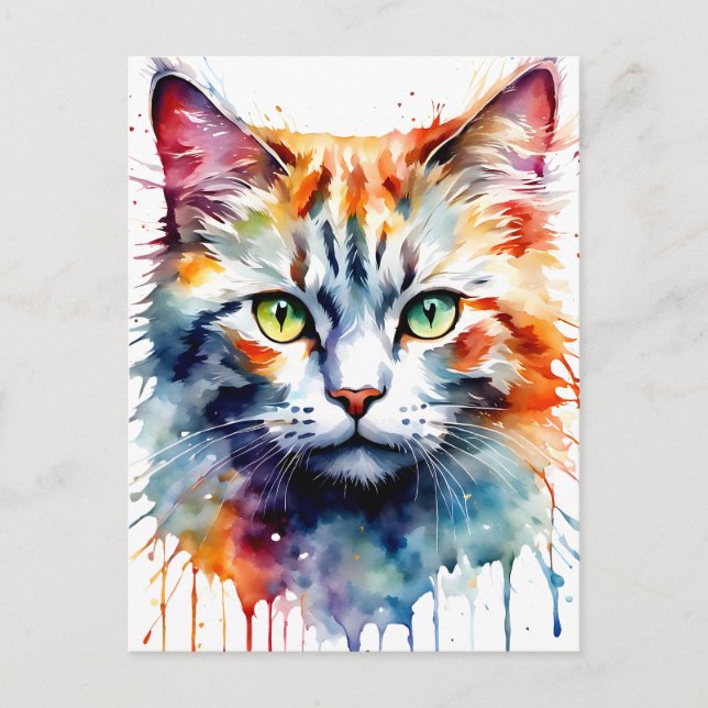 Watercolor Cat Multicolor Splash art Postcard (Front)