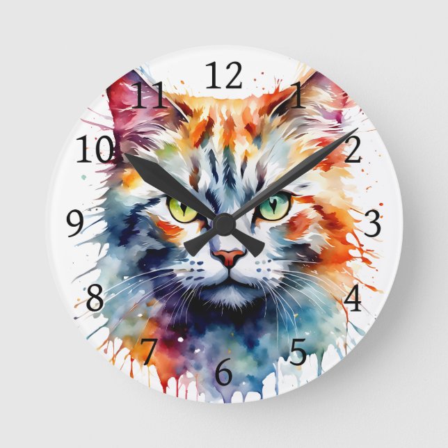 Watercolor Cat Multicolor Splash art Round Clock (Front)