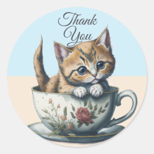 Watercolor Cat or Kitten in a Teacup thank you Classic Round Sticker
