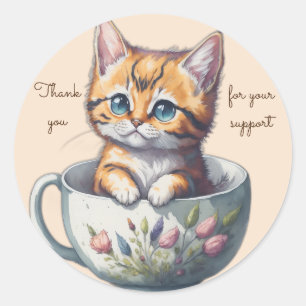 Watercolor Cat or Kitten in a Teacup thank you Classic Round Sticker