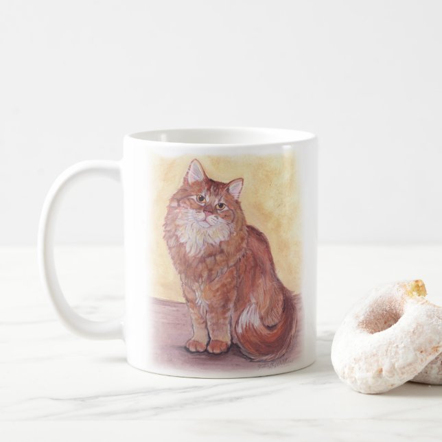 Watercolor Cat Orange Long Haired Animal Coffee Mug (With Donut)