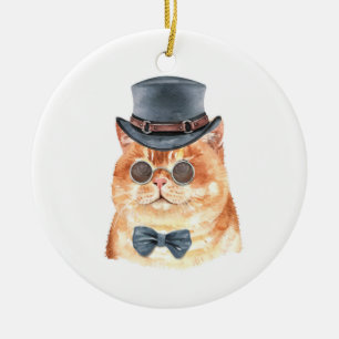 Watercolor Cat Orange Steampunk Christmas Ceramic Tree Decoration