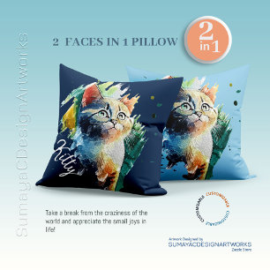 Watercolor Cat Portrait 2 in 1 Throw Pillow
