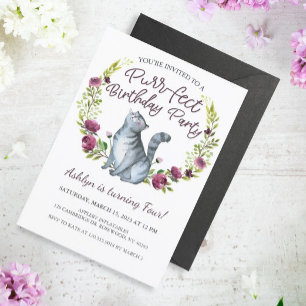 Watercolor Cat Purr-fect Birthday Party Invitation