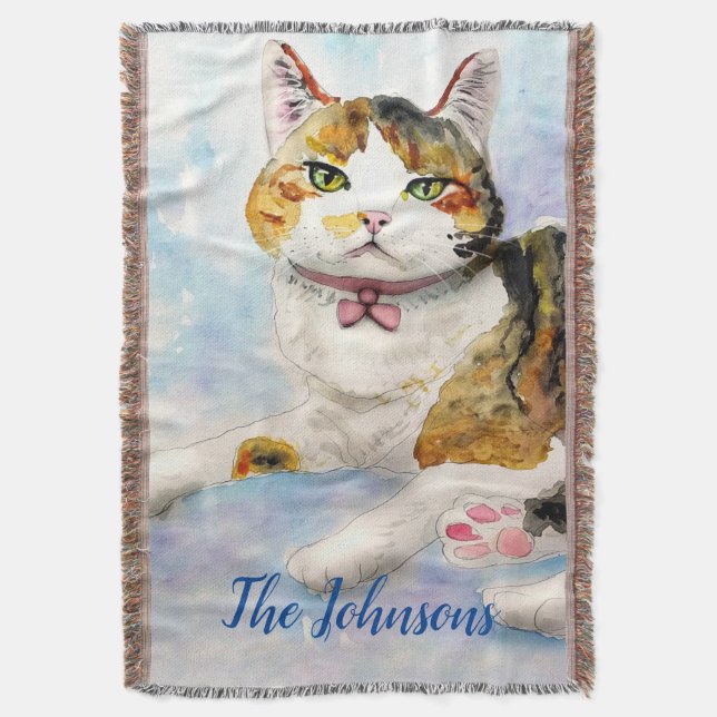 Watercolor Cat Throw Blanket (Front Vertical)