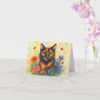 Watercolor cat with flowers card