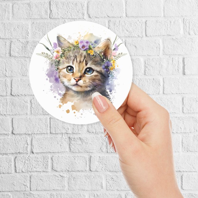 Watercolor Cat with flowers crown Classic Round Sticker (Creator Uploaded)