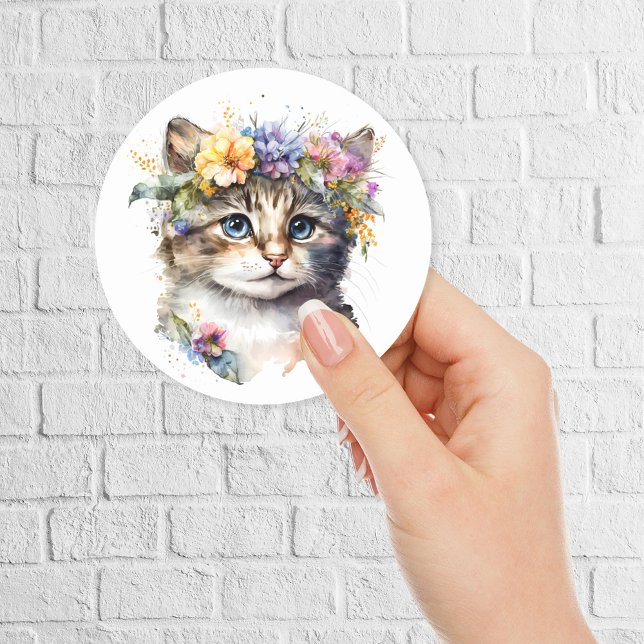 Watercolor Cat with flowers crown Classic Round Sticker (Creator Uploaded)