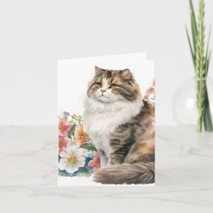 Watercolor Cat With Flowers Note Card