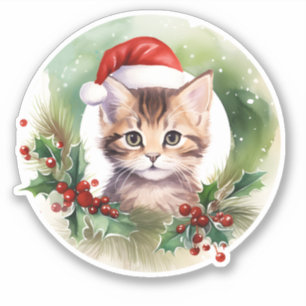 Watercolor Cat With Holly Berry Wreath