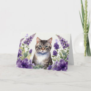 Watercolor Cat with Lavender Flowers  Card