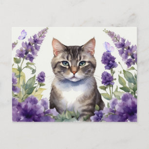Watercolor Cat with Lavender Flowers  Postcard