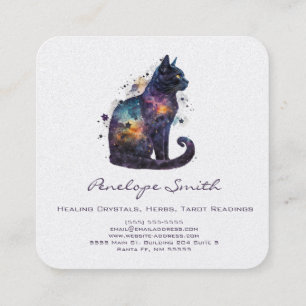 Watercolor Cat With Stars Square Business Card