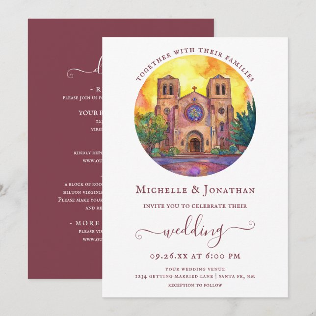 Watercolor Cathedral Church All In One Wedding Invitation (Front/Back)
