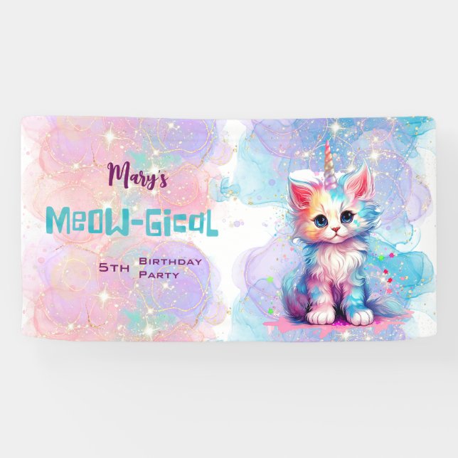 Watercolor Caticorn Meow-Gical Birthday Banner (Horizontal)