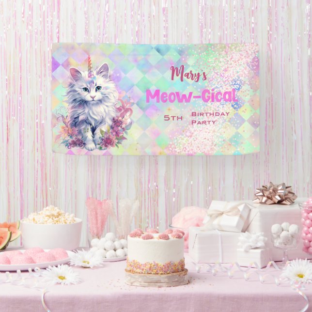 Watercolor Caticorn Meow-Gical Birthday  Banner (Party)