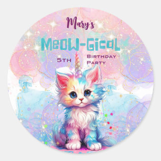 Watercolor Caticorn Meow-Gical Birthday Classic Round Sticker