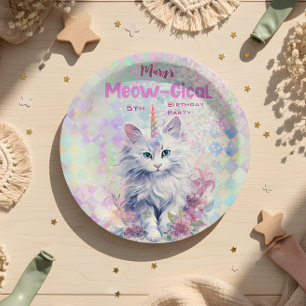 Watercolor Caticorn Meow-Gical Birthday  Paper Plate