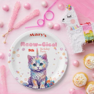 Watercolor Caticorn Meow-Gical Birthday Paper Plate