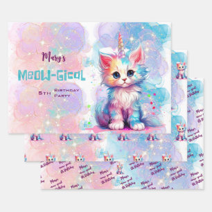 Watercolor Caticorn Meow-Gical Birthday Wrapping Paper Sheet