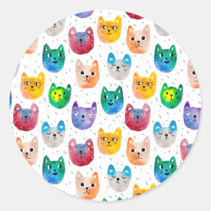 Watercolor cats and friends classic round sticker