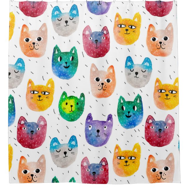 Watercolor cats and friends shower curtain (Front)