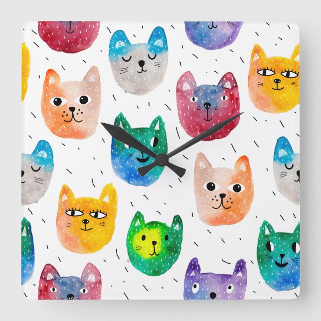 Watercolor cats and friends square wall clock (Front)