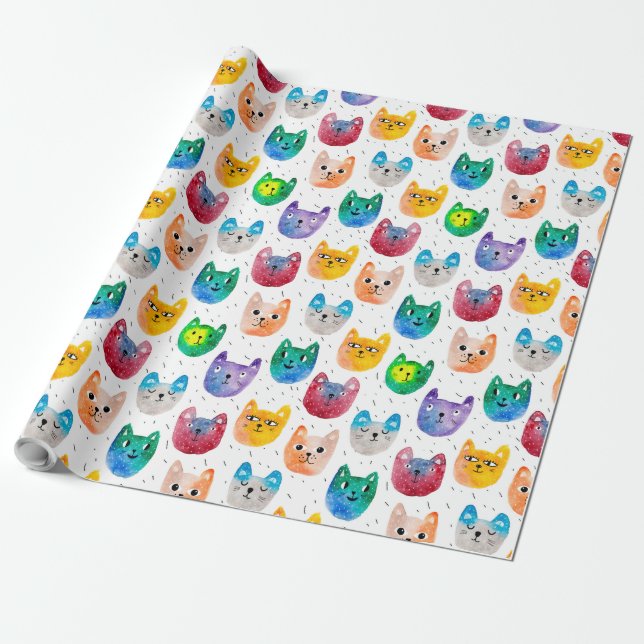 Watercolor cats and friends wrapping paper (Unrolled)