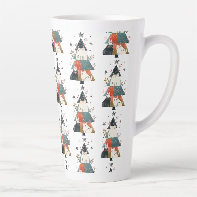 Watercolor Cats Christmas Tree Pattern Whimsical  Latte Mug (Right)