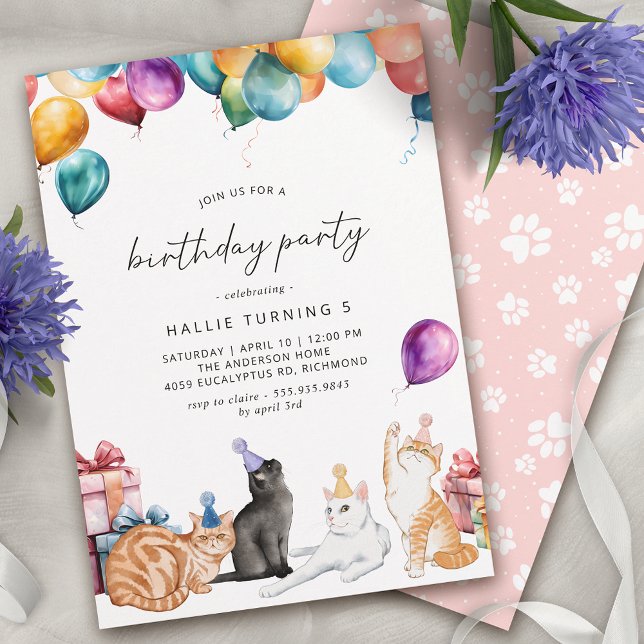 Watercolor Cats | Cute Fun Girls Birthday Party Invitation (Creator Uploaded)