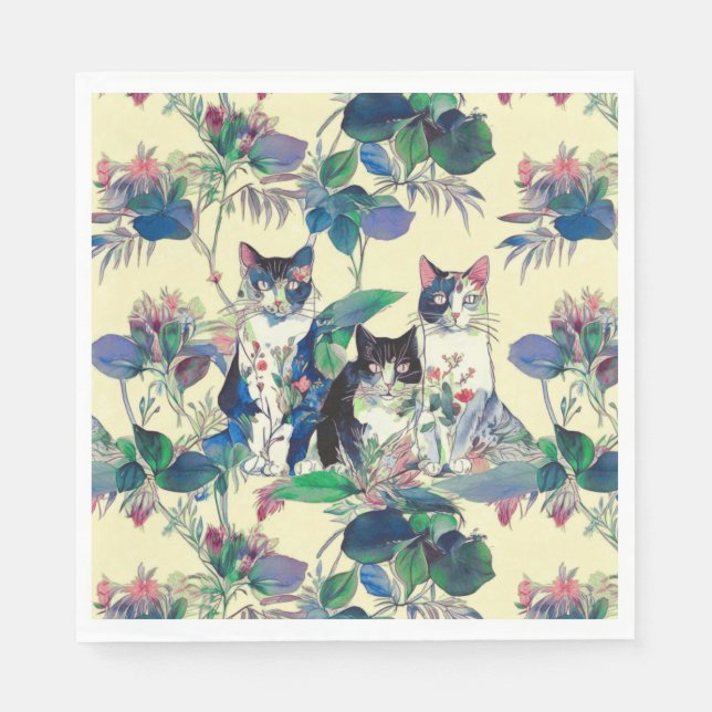 Watercolor Cats in a Garden Napkin (Front)