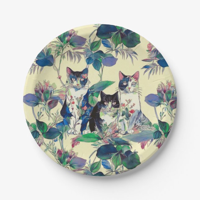 Watercolor Cats in a Garden Paper Plate (Front)