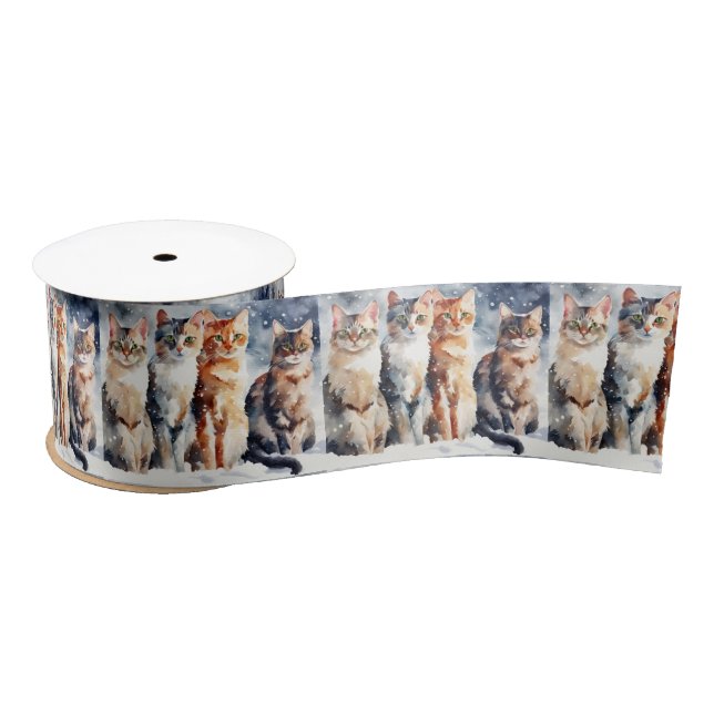 Watercolor Cats In Snowflakes Satin Ribbon (Spool)