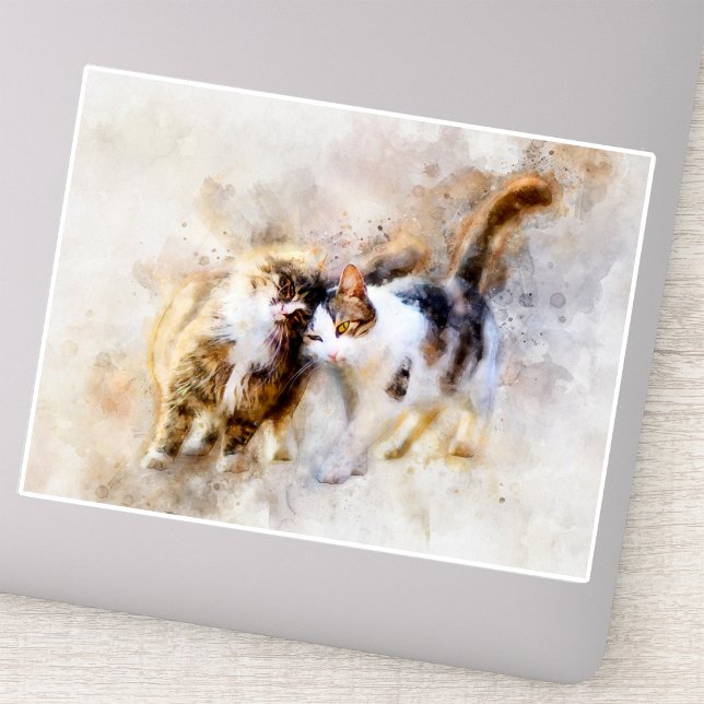 Watercolor Cats Nuzzling in Soft Abstract Art (Watercolor Cats Nuzzling in Soft Abstract Art. Sticker)